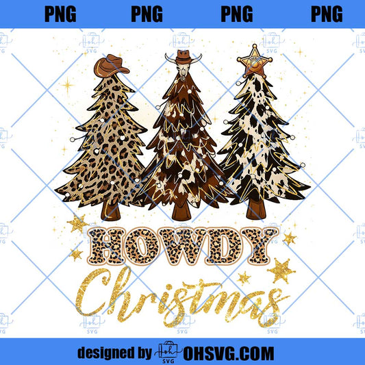 Howdy Christmas PNG, Western Gold Glitter Leopard Tree Sublimation Design