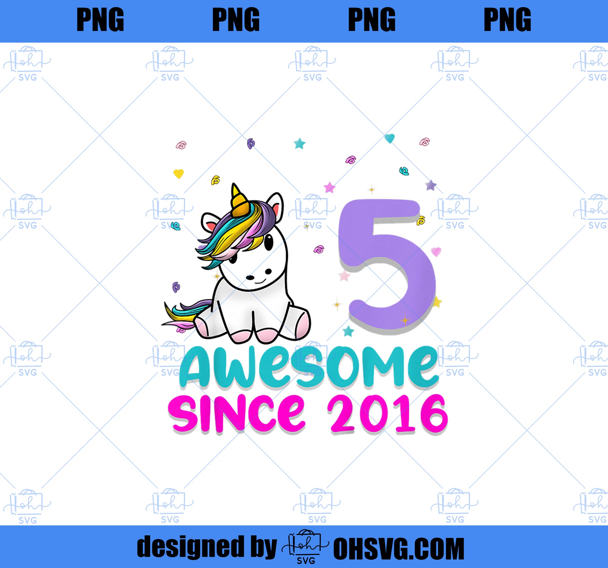 Kids Unicorn 5th Birthday Girl Gift Love Awesome Bday 5 yo PNG, Magic Unicorn PNG, Unicorn PNG