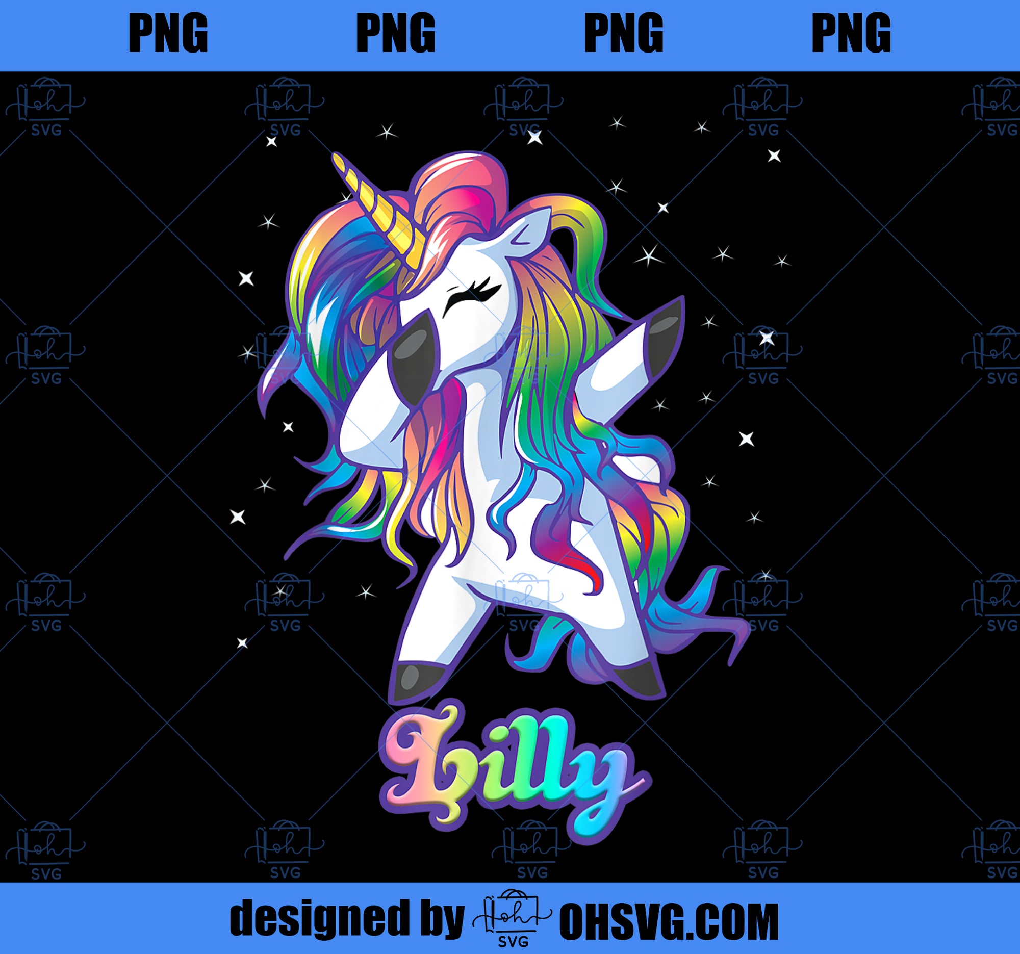 LILLY Name Personalized Custom Rainbow Unicorn Dabbing PNG, Magic Unicorn PNG, Unicorn PNG