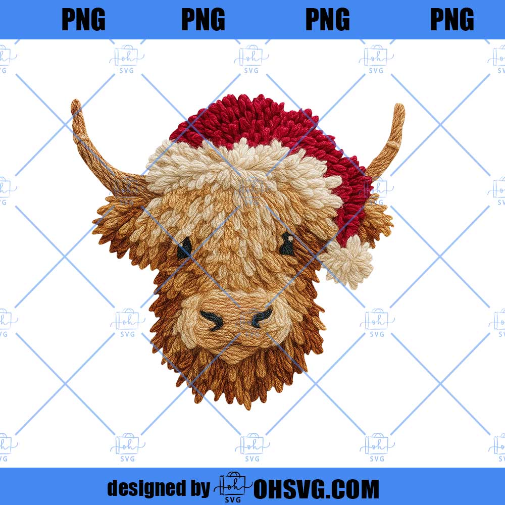 Latch Hook Yarn Crochet Christmas Highland Cow PNG, Santa Claus Png, Yarn Crochet Merry Christmas Png