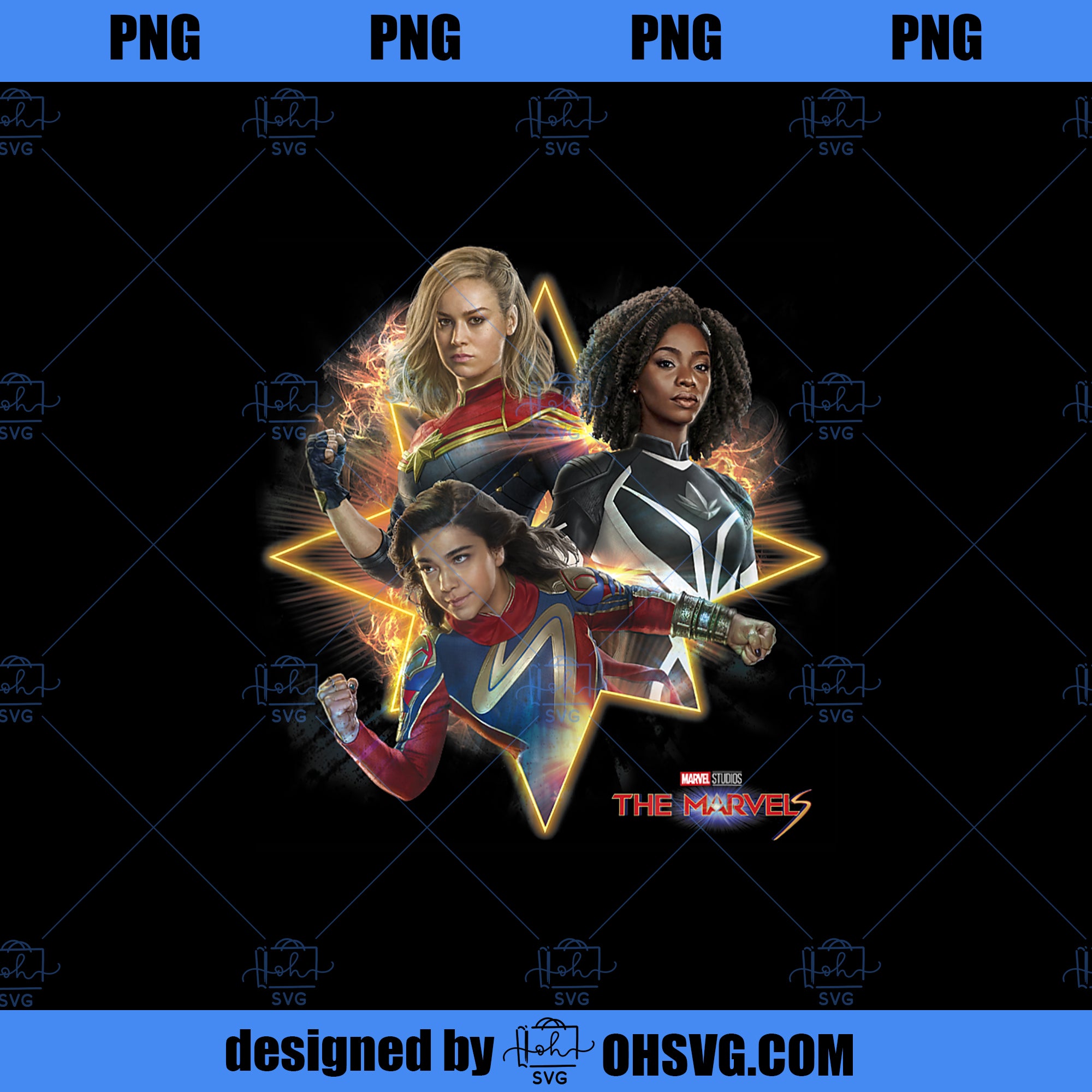 Marvel The Marvels Super Hero Trio Energy Glitch Poster PNG, Marvel PNG, The Marvels PNG