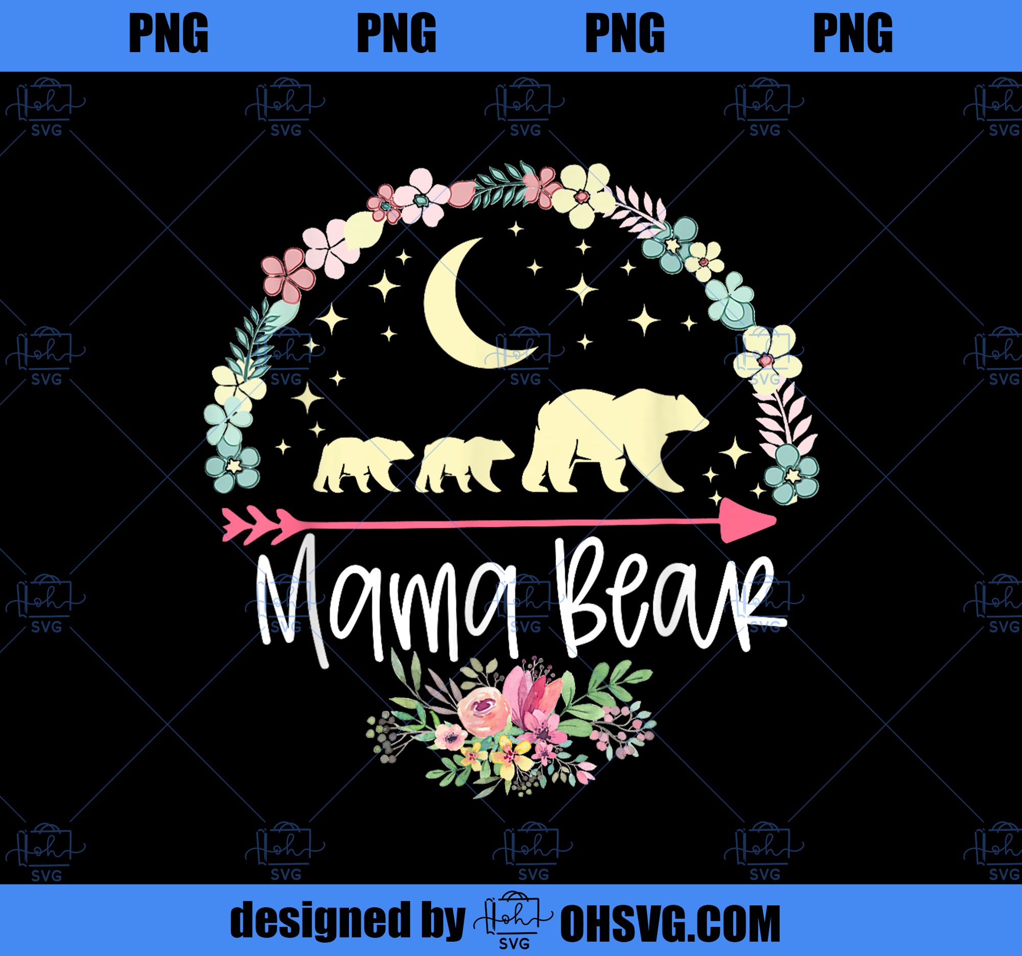 Mothers Day Gifts Mama Bear With 2 Cubs Cute Flower Circle PNG, Mom PNG, Mothers Day PNG