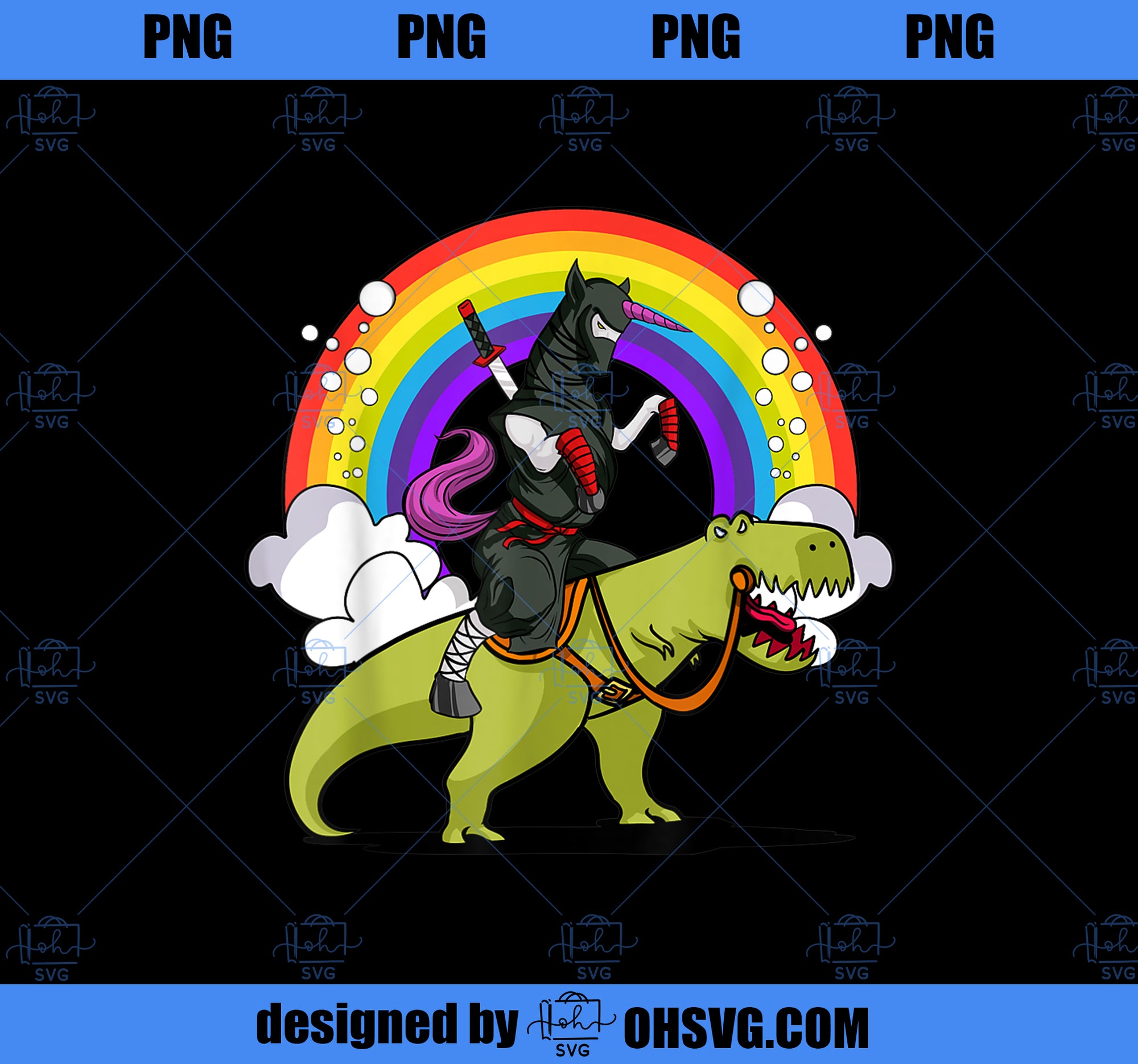 Ninja Unicorn Samurai Riding TRex Dinosaur Rainbow Funny PNG, Magic Unicorn PNG, Unicorn PNG