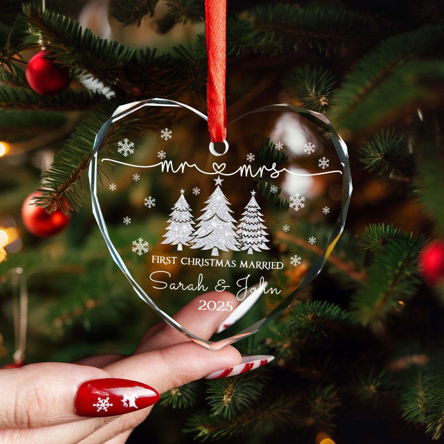 Personalized Our First Christmas As Mr And Mrs Married Ornament, Custom Beveled Crystal Glass Ornament, 2024 Newlyweds Wedding Gift