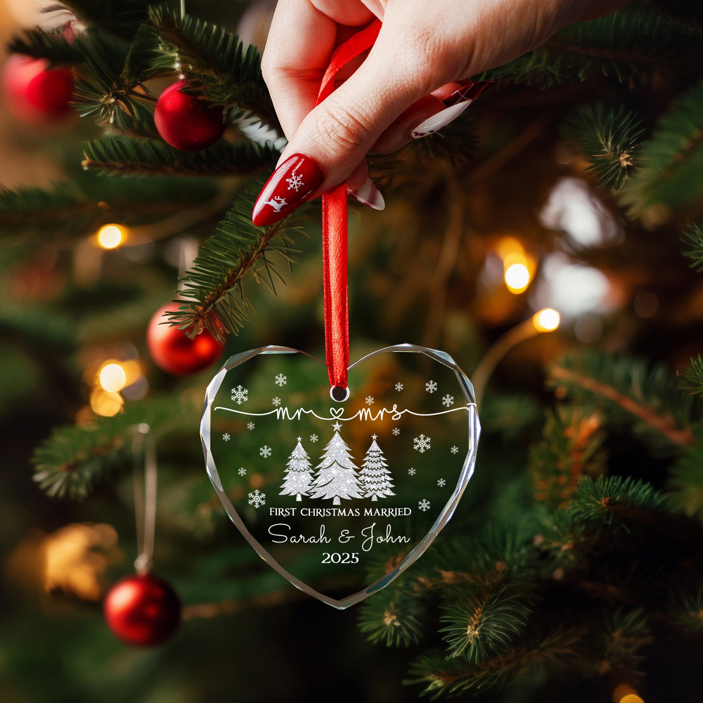 Personalized Our First Christmas As Mr And Mrs Married Ornament, Custom Beveled Crystal Glass Ornament, 2024 Newlyweds Wedding Gift