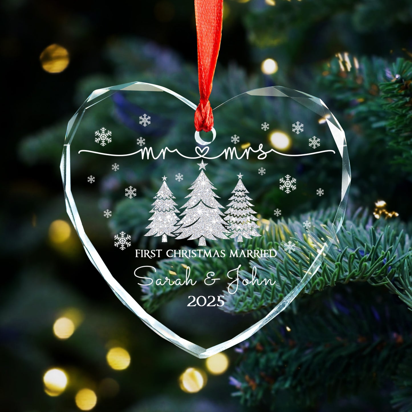 Personalized Our First Christmas As Mr And Mrs Married Ornament, Custom Beveled Crystal Glass Ornament, 2024 Newlyweds Wedding Gift