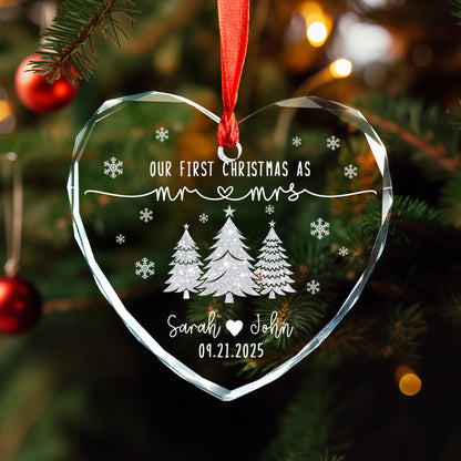 Personalized Our First Christmas As Mr And Mrs Married Ornament, Custom Beveled Crystal Glass Ornament, 2024 Newlyweds Wedding Gift