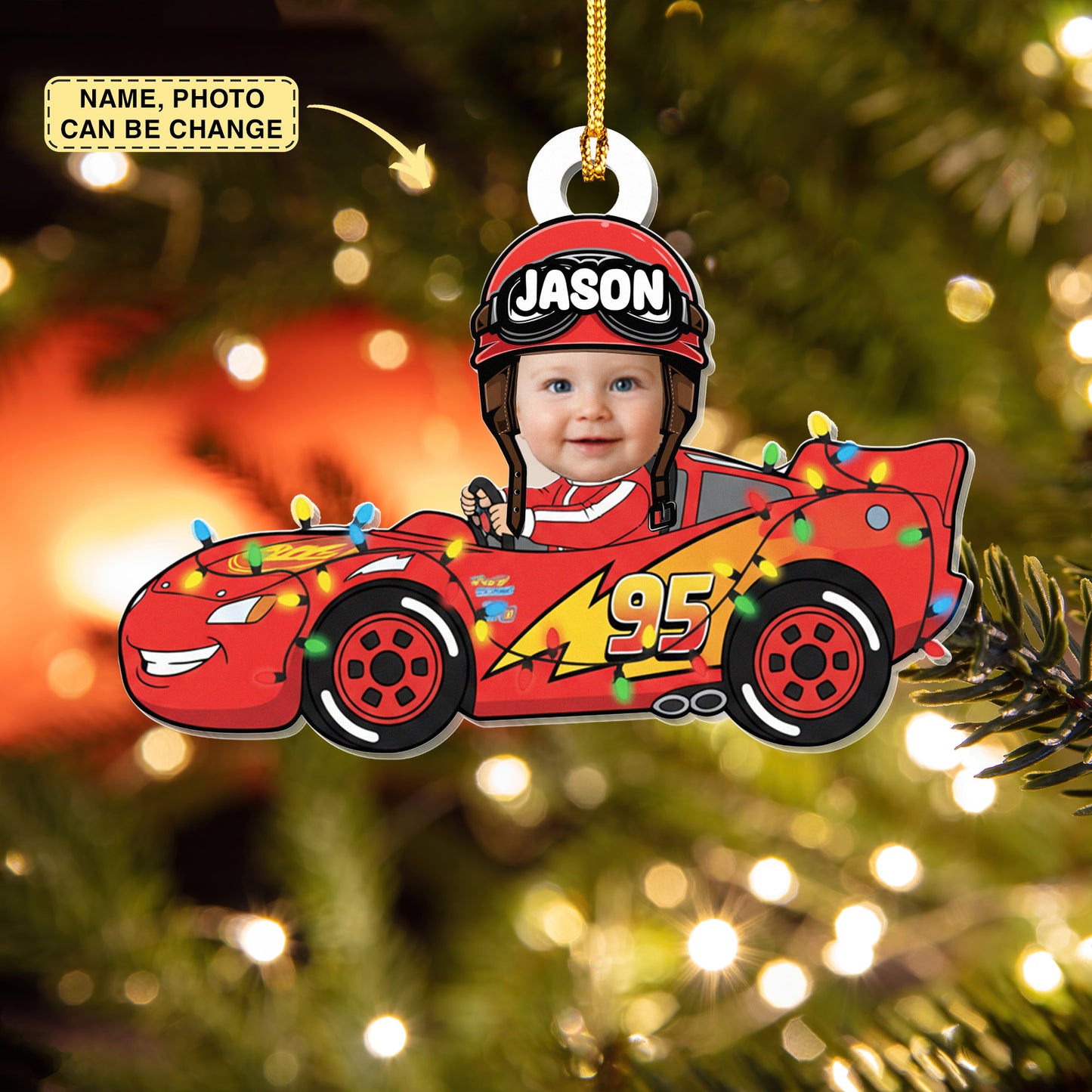Personalized Disney Cars Acrylic Christmas Ornament, Custom Photo Lightning McQueen Tow Mater Family Ornament, Kids Name Christmas Ornament
