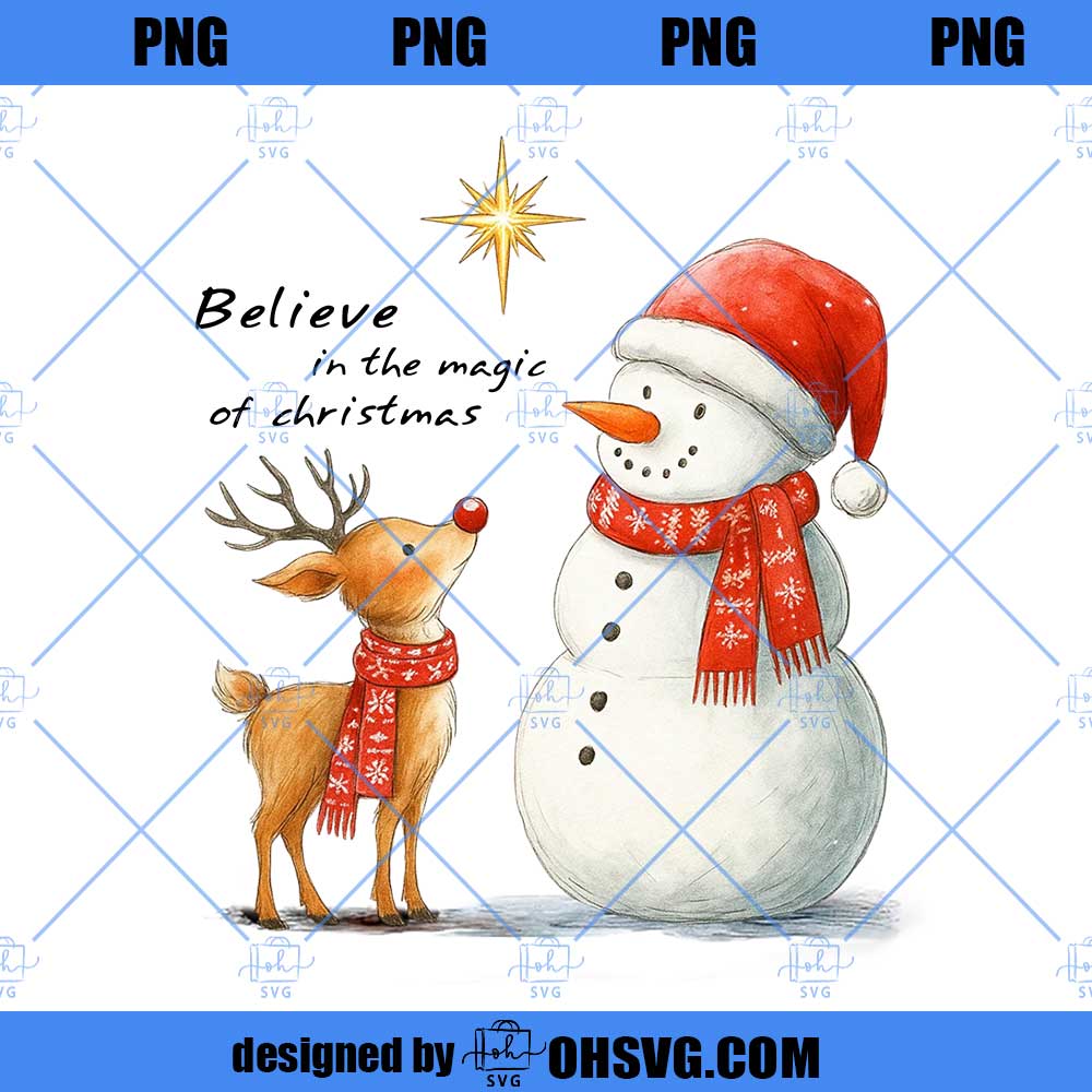 Retro Believe In The Magic PNG, Snowman And Reindeer PNG, Whimsical Holiday Friends Design, Merry And Bright Christmas Shirt PNG