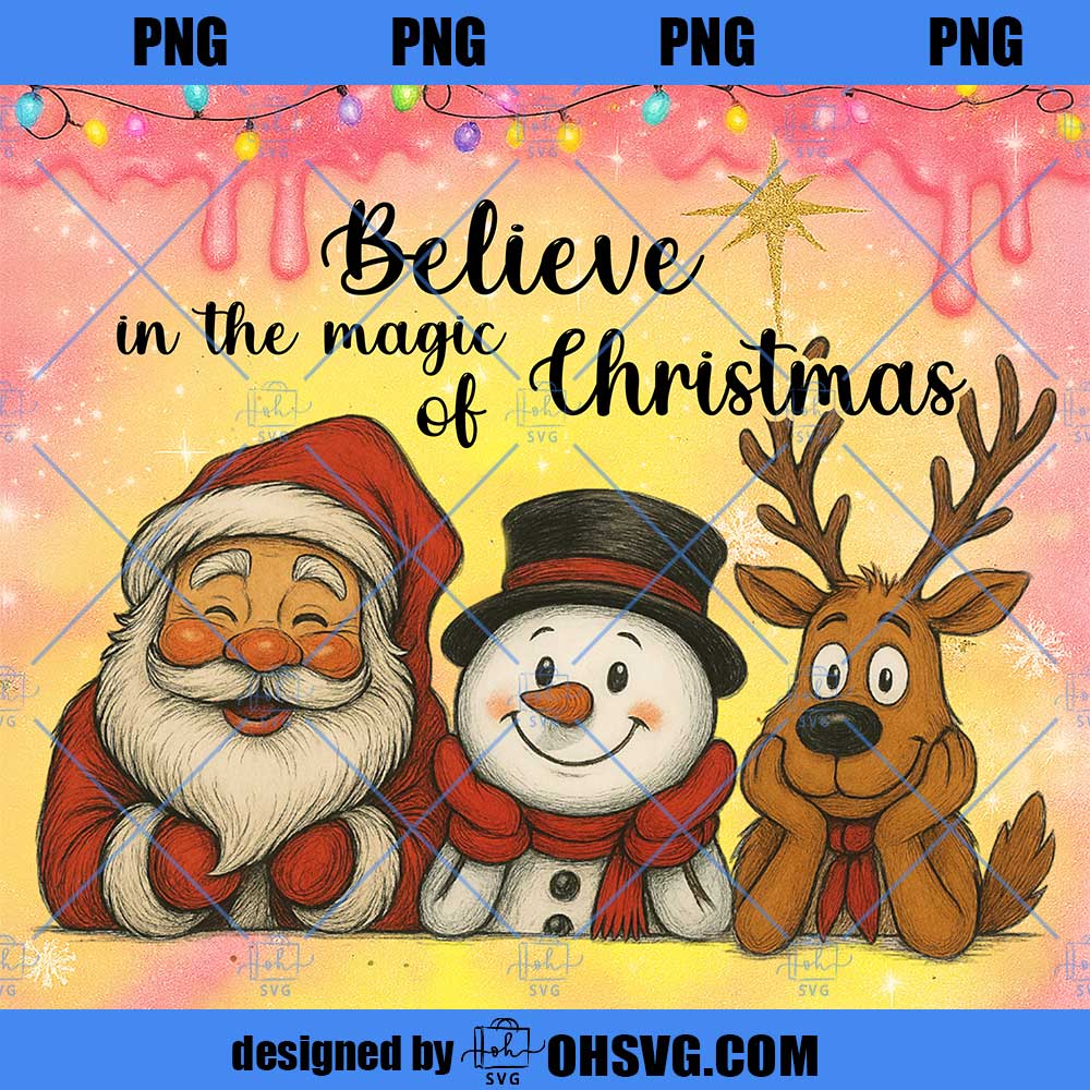 Retro Christmas Believe In The Magic Tumbler 20oz Png, Santa Claus Design, Reindeer Holiday Art, Whimsical Holiday Friends Tumbler Wrap