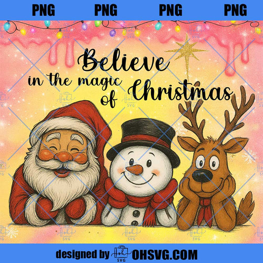 Retro Christmas Believe In The Magic Tumbler 20oz Png, Santa Claus Design, Reindeer Holiday Art, Whimsical Holiday Friends Tumbler Wrap