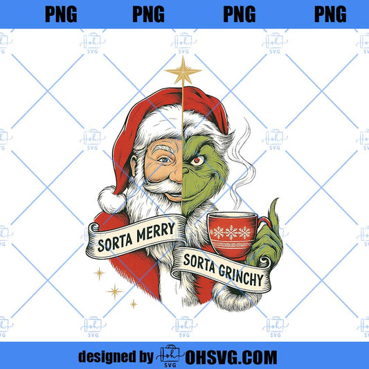 SANTA Sorta Merry Sorta Grinchy PNG, Retro Grinch Santa Sorta Mery PNG, Preppy Holiday Character Design