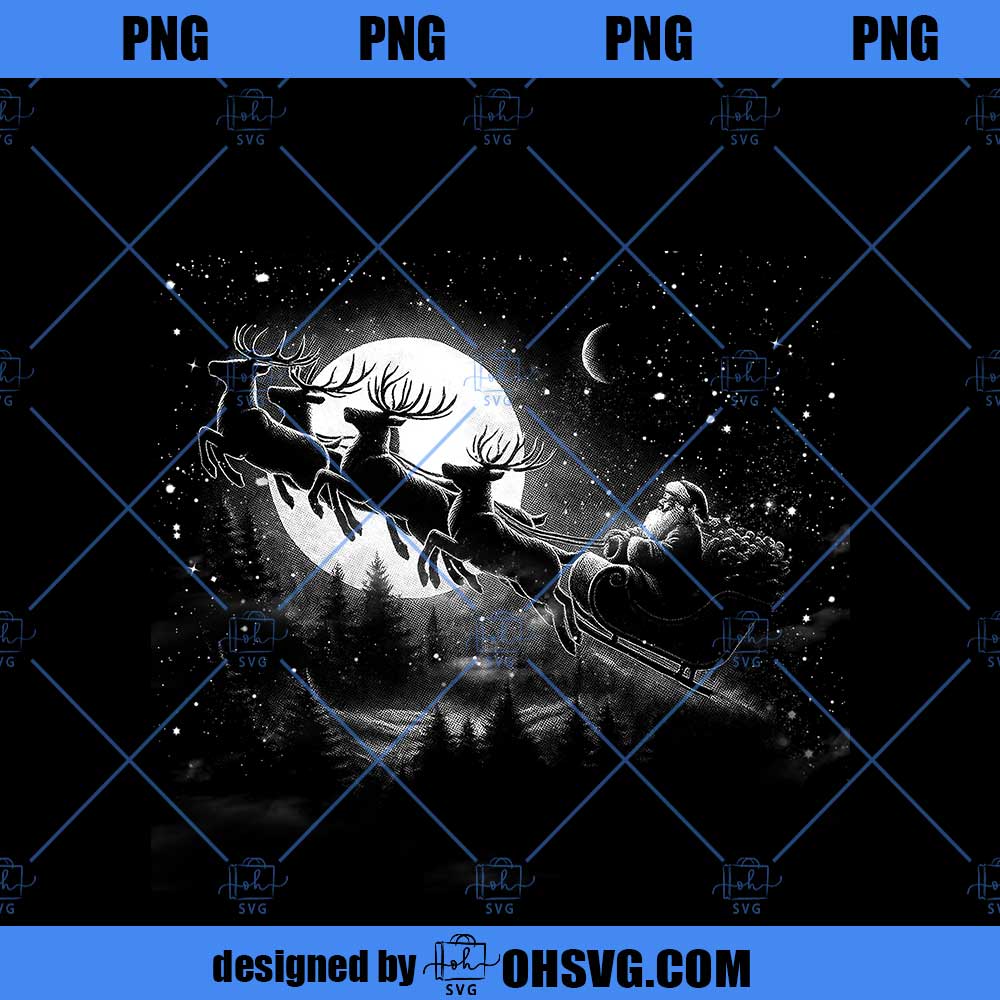 Santa Sleigh Ride PNG, Vintage Christmas Design, Retro Santa Claus Clipart, Reindeer Night Sky Art, Holiday Xmas Shirt Png, DTF DTG Print