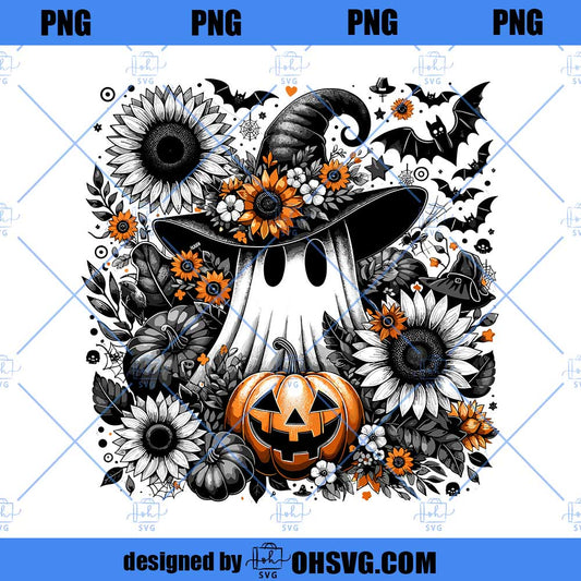 Spooky Ghost Halloween Pumpkins Floral PNG