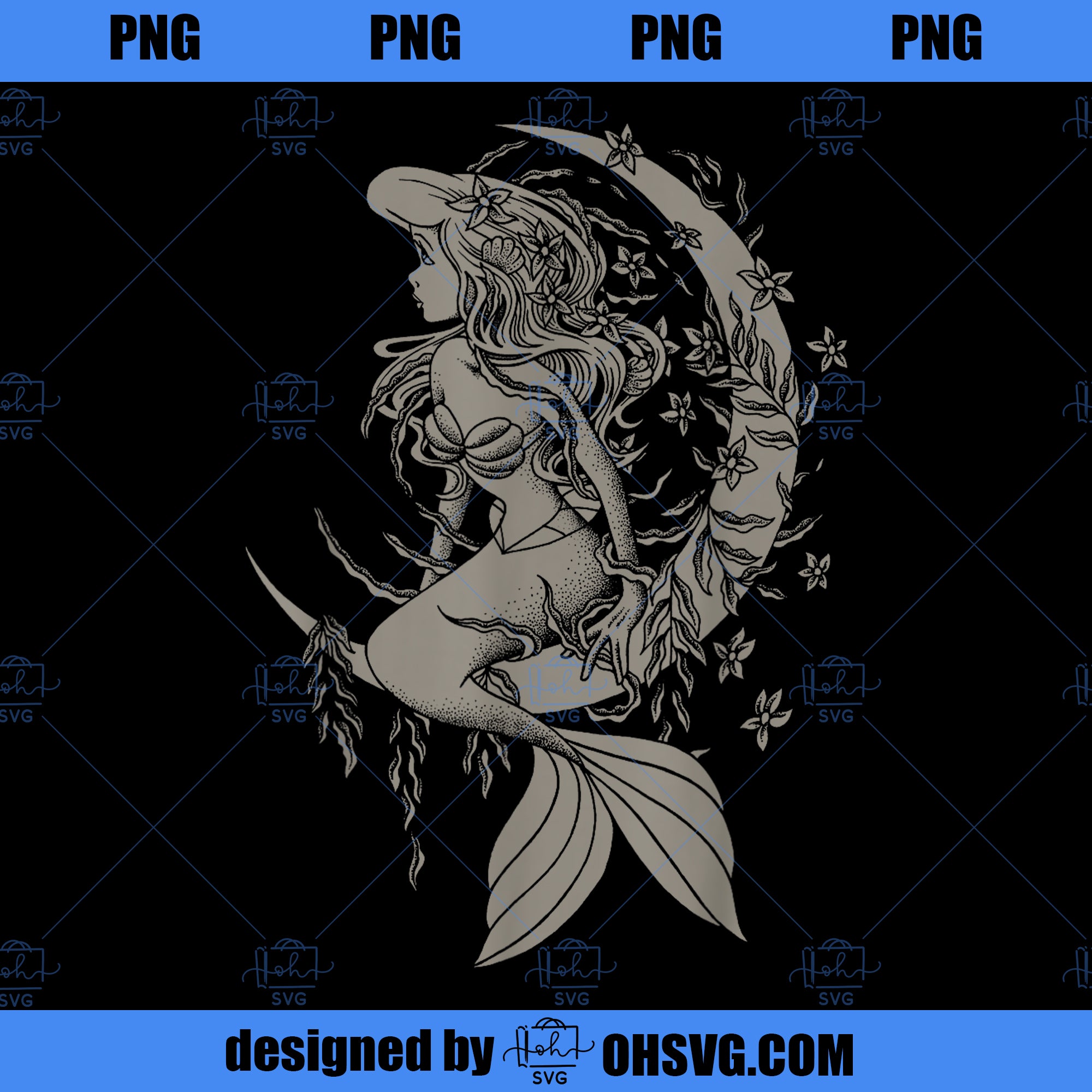 Disney Little Mermaid Ariel Tattoo Style Portrait PNG, Disney PNG, Little Mermaid PNG