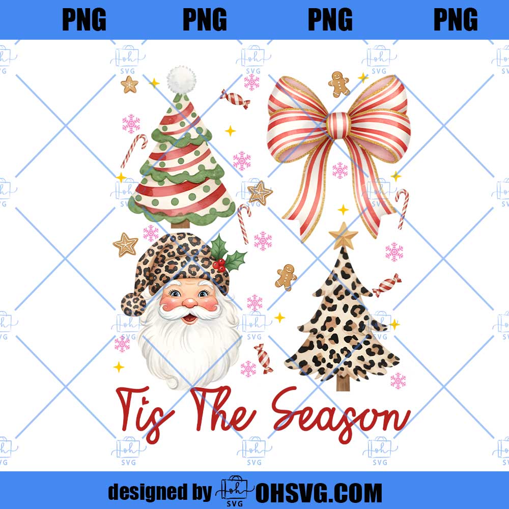 Tis The Season Leopard Santa Png, Christmas Coquette Bow Png Design, Santa Xmas Tree Leopard, Jesus Png