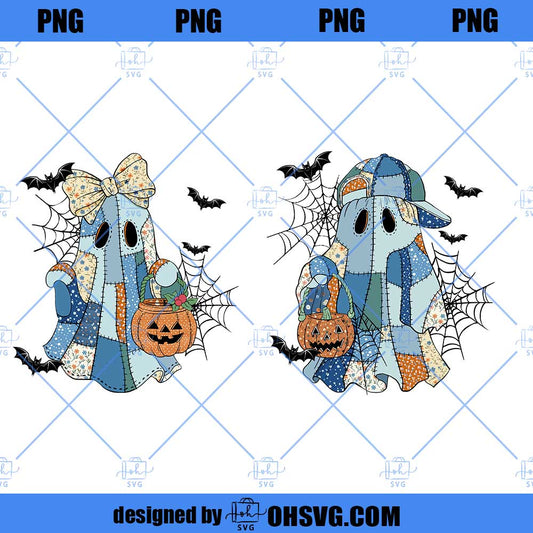 Trendy Patchwork Spooky Ghost Girl and Boy PNG