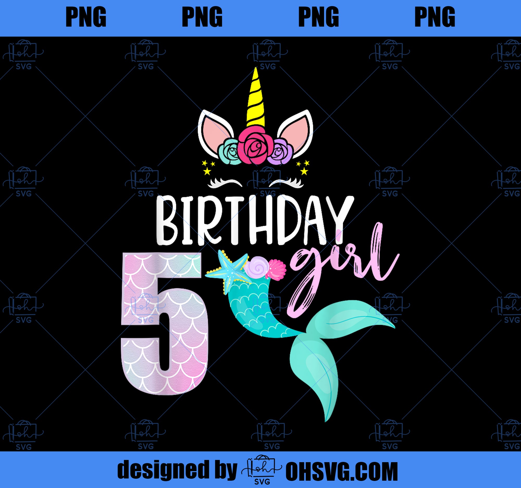 Unicorn Mermaid 5th Birthday Girl Gift for 5 Year Old Girl PNG, Magic Unicorn PNG, Unicorn PNG