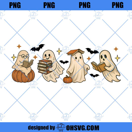 Vintage Halloween Ghost Reading Books PNG