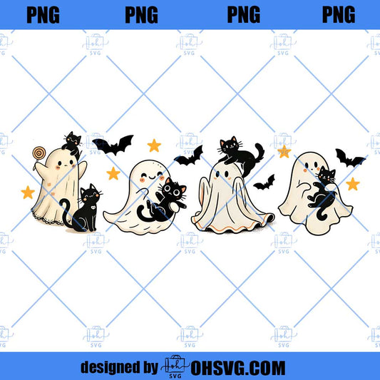 Vintage Halloween Ghost with Black Cats PNG