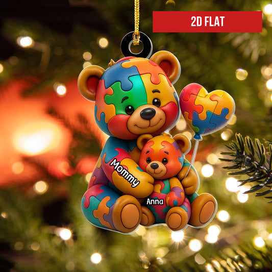 Personalized Mama Bear Ornament, Autism Christmas Ornament Bear Mother and Kid, Custom Mother and Baby Bear Puzzle Ornament, Mom Ornament