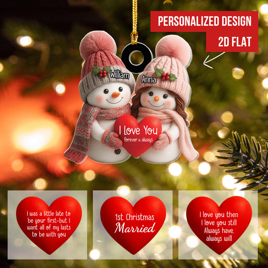 Personalized Couple Snowman Christmas Ornament, Custom Name Holiday Tree Decoration with Love Message, Romantic Gift for Couples & Newlyweds