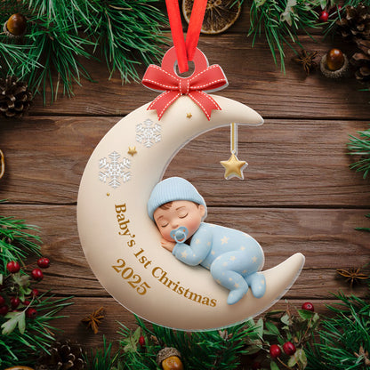 Custom Baby First Christmas Ornament, Moon Sleeping Design, Personalized Acrylic Keepsake, Unique Newborn Gift, Holiday Tree Decoration