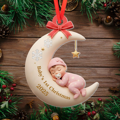 Custom Baby First Christmas Ornament, Moon Sleeping Design, Personalized Acrylic Keepsake, Unique Newborn Gift, Holiday Tree Decoration