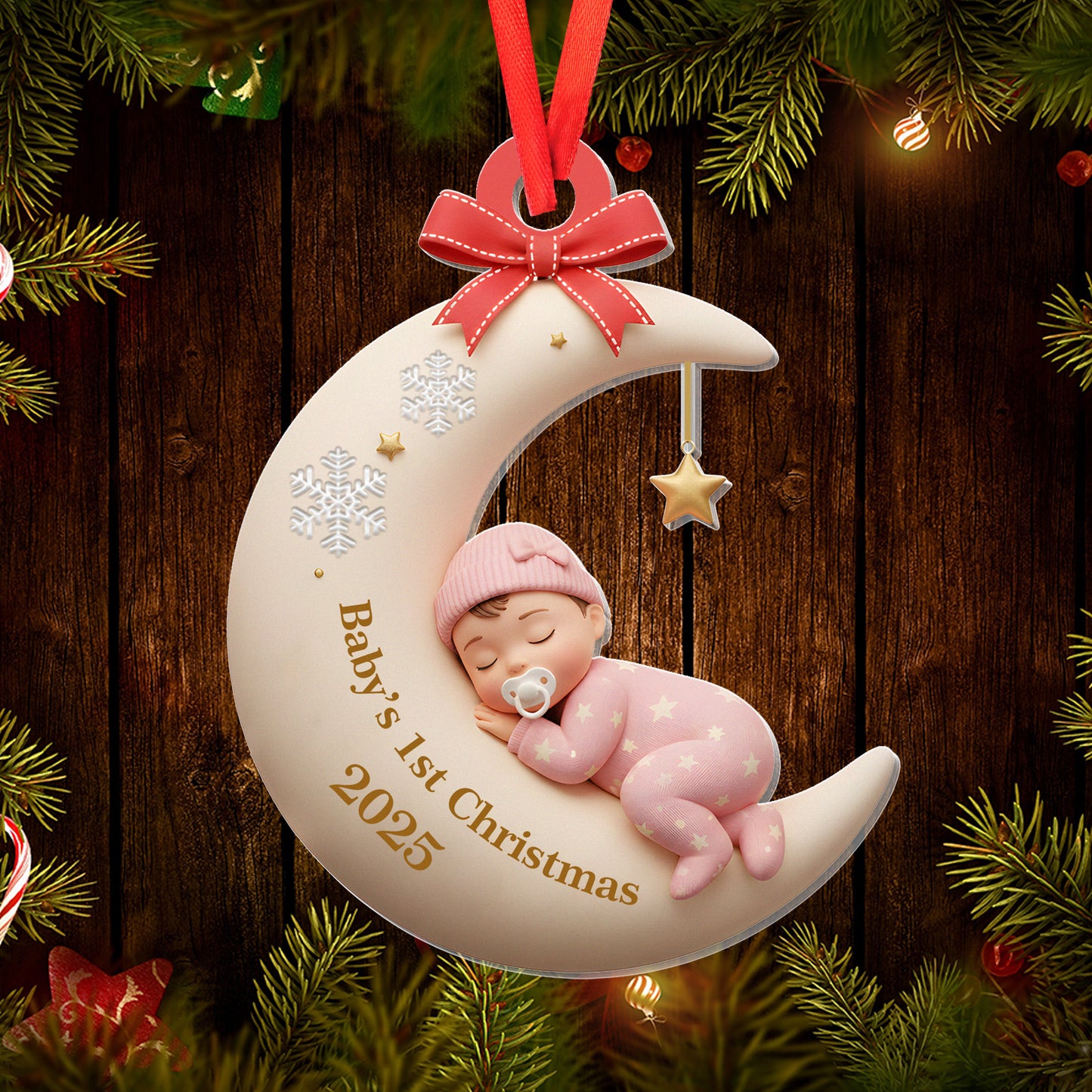Custom Baby First Christmas Ornament, Moon Sleeping Design, Personalized Acrylic Keepsake, Unique Newborn Gift, Holiday Tree Decoration