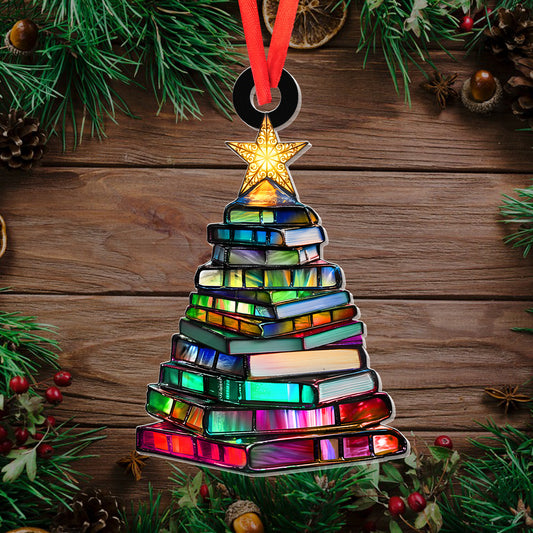 Acrylic Book Christmas Tree Suncatcher, Colorful Stained Glass-Style Ornament with Rainbow Books, Unique Holiday & Home Decor
