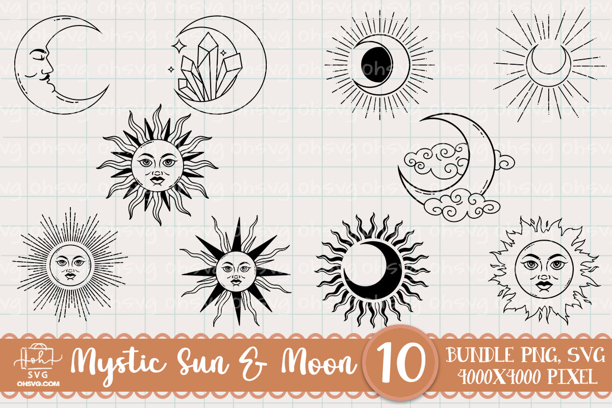 Hand Drawn Moon & Sun Sublimation SVG, Fantasy SVG, Mystical Moon SVG, Magic Art SVG