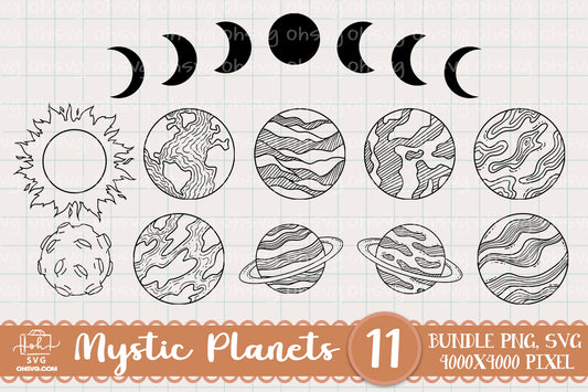 Hand Drawn Mystic Planets Sublimation SVG, Fantasy SVG, Mystical Moon SVG, Magic Art SVG