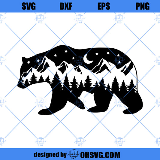 Mountain Bear SVG, Mountain Scenery SVG, Night Sky Bear Mountain SVG