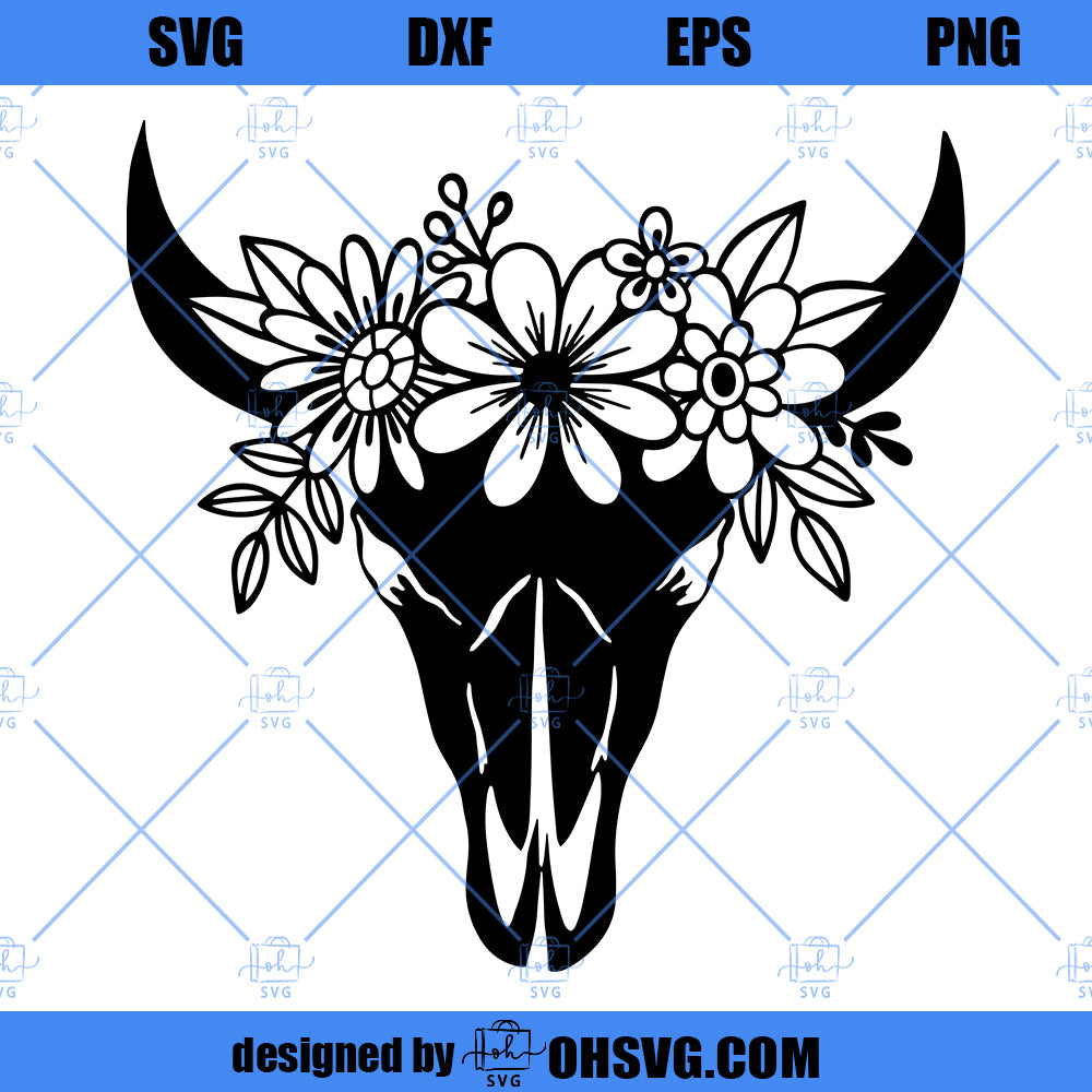 Cow Skull with Flowers SVG file, Cow Skull svg file, Cow Skull Floral svg, Cow Skull Floral cut file, Southwest, Boho, longhorn skull svg