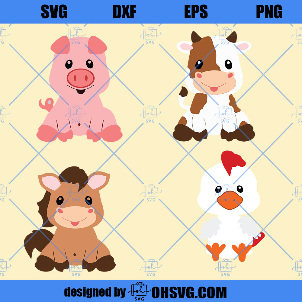 Farm Animal SVG, Cute Cow Horse Pig Chicken SVG