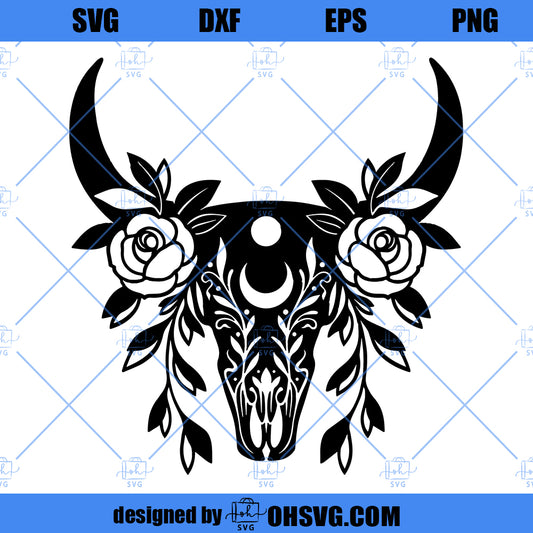 Cow Skull SVG Cut File, Transparent PNG, dxf, and EPS file | Bull Skull Floral svg Cutting Files | Boho svg | Western svg | Cricut svg file