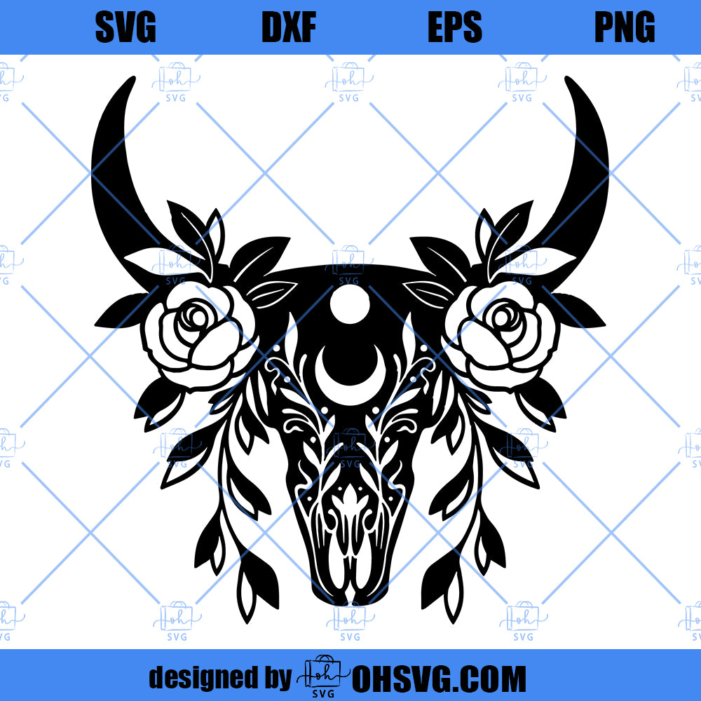 Cow Skull SVG Cut File, Transparent PNG, dxf, and EPS file | Bull Skull Floral svg Cutting Files | Boho svg | Western svg | Cricut svg file