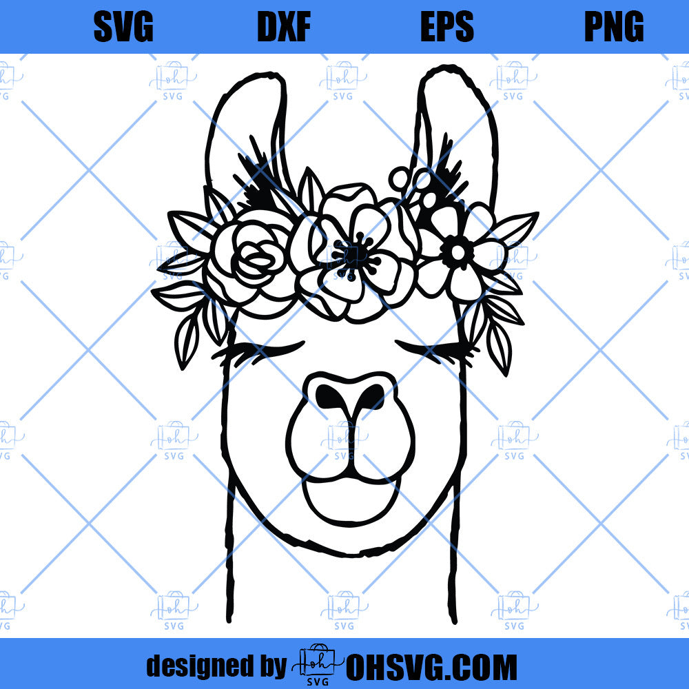 Llama SVG, Llama With Flower Crown SVG, Llama With Flowers On Head SVG, Cute Llama Face SVG