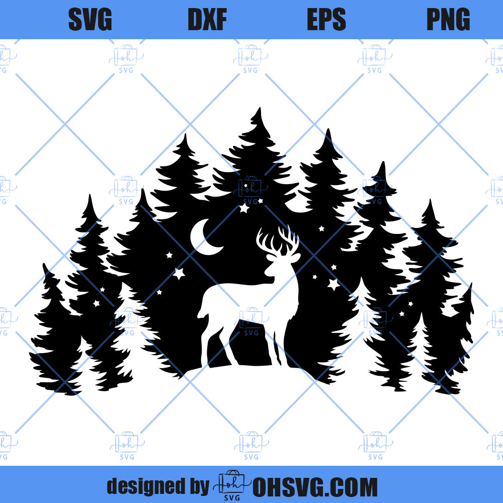 Deer SVG , Deer Silhouette SVG, Deer In The Forest SVG, Pine Trees SVG, Stag SVG, Hunting SVG
