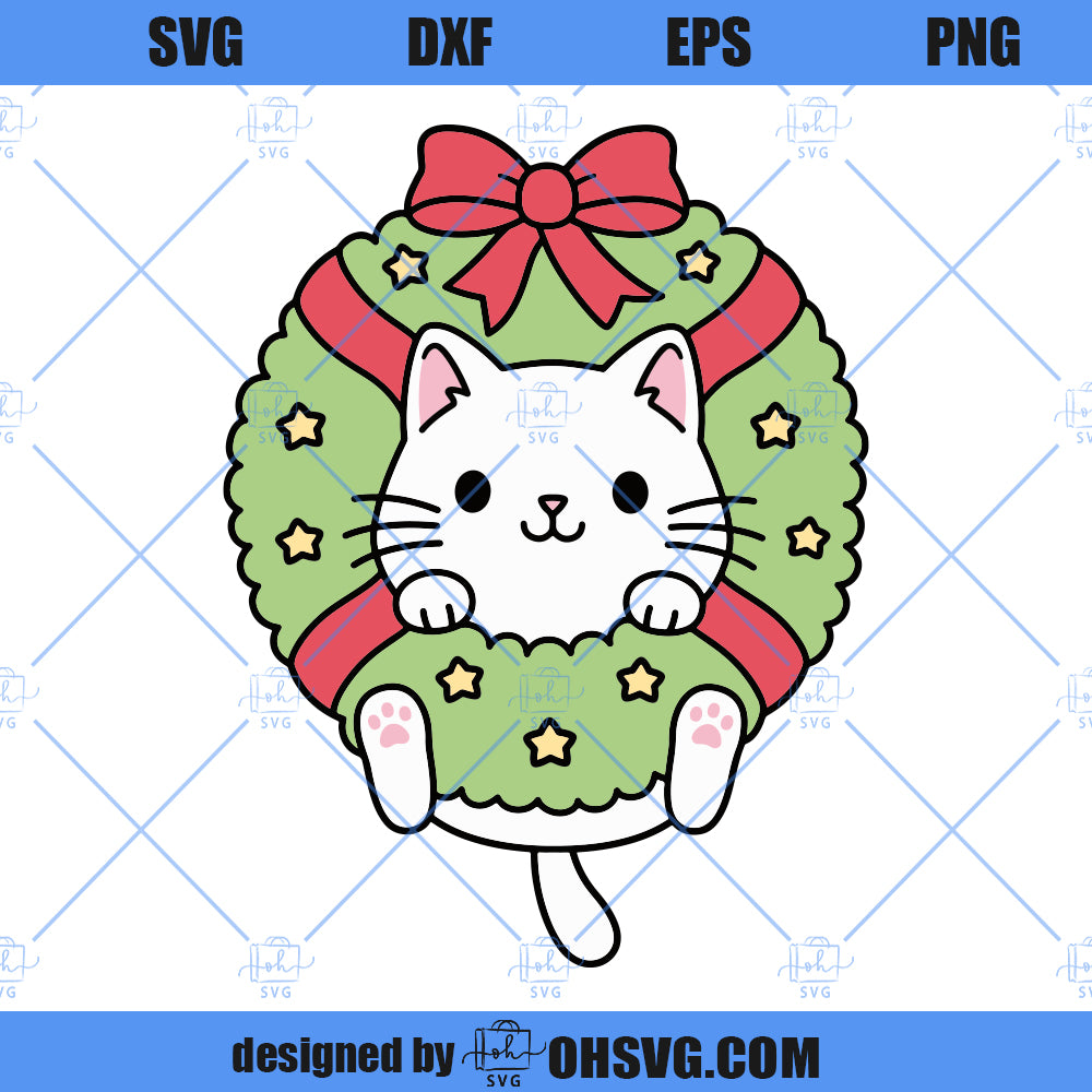 Christmas Cat SVG, Christmas Wreath Cat SVG, Cute Funny Kitty Winter Holidays SVG