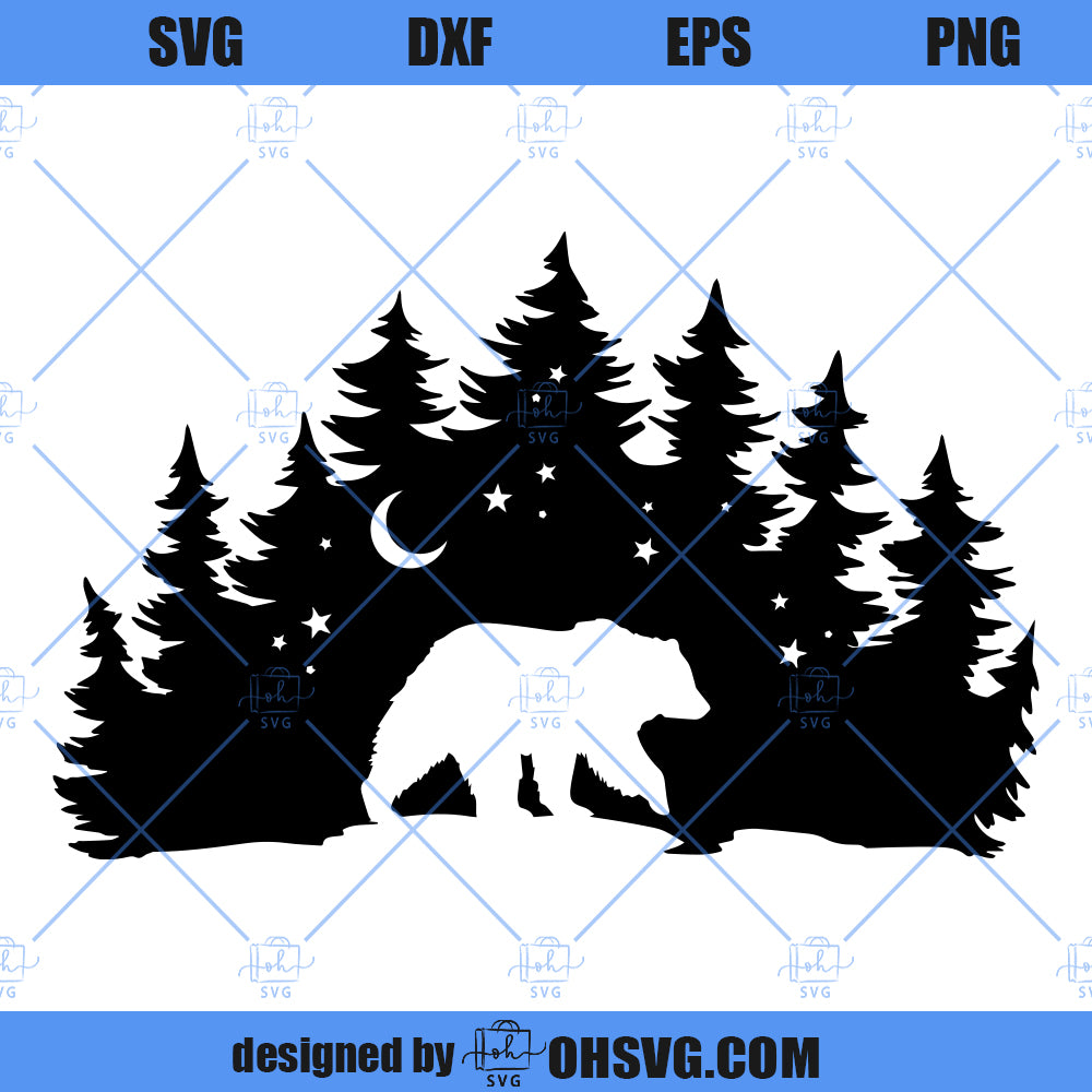 Grizzly Bear SVG, Bear SVG, Forest Bear Moon SVG, Bear In The Woods SVG