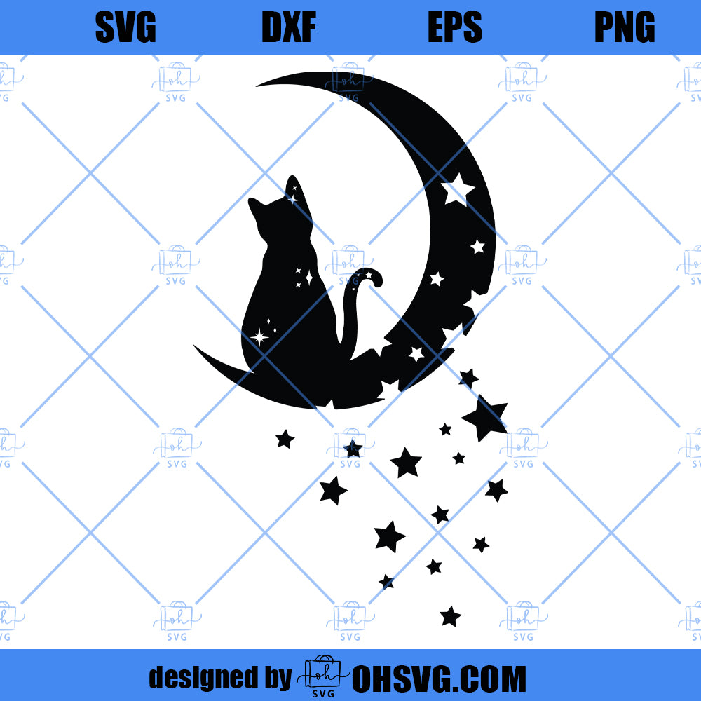 Moon Cat SVG, Cat SVG Files for Silhouette Cameo & Cricut.Moon Star Animal,Luna Cat Silhouette SVG, Cat With Star, Magical Cat Clipart