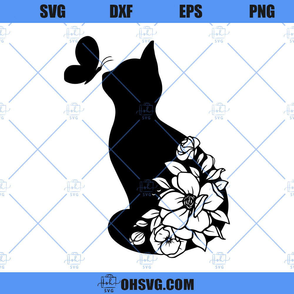 Cat With Flowers SVG, Floral Cat SVG, Cat Black Flower SVG