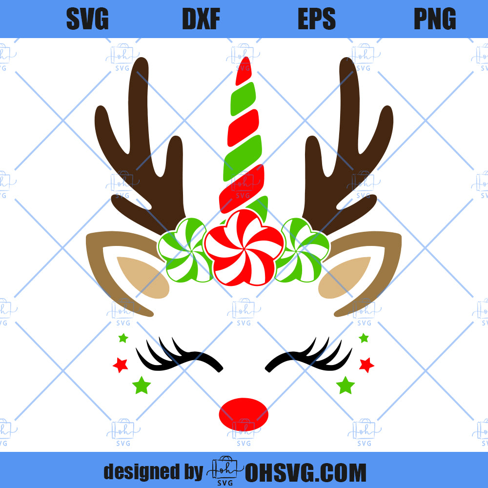Reindeer Unicorn SVG, Reindeer Christmas Face SVG, Reindeer Peppermint Candy Cane SVG