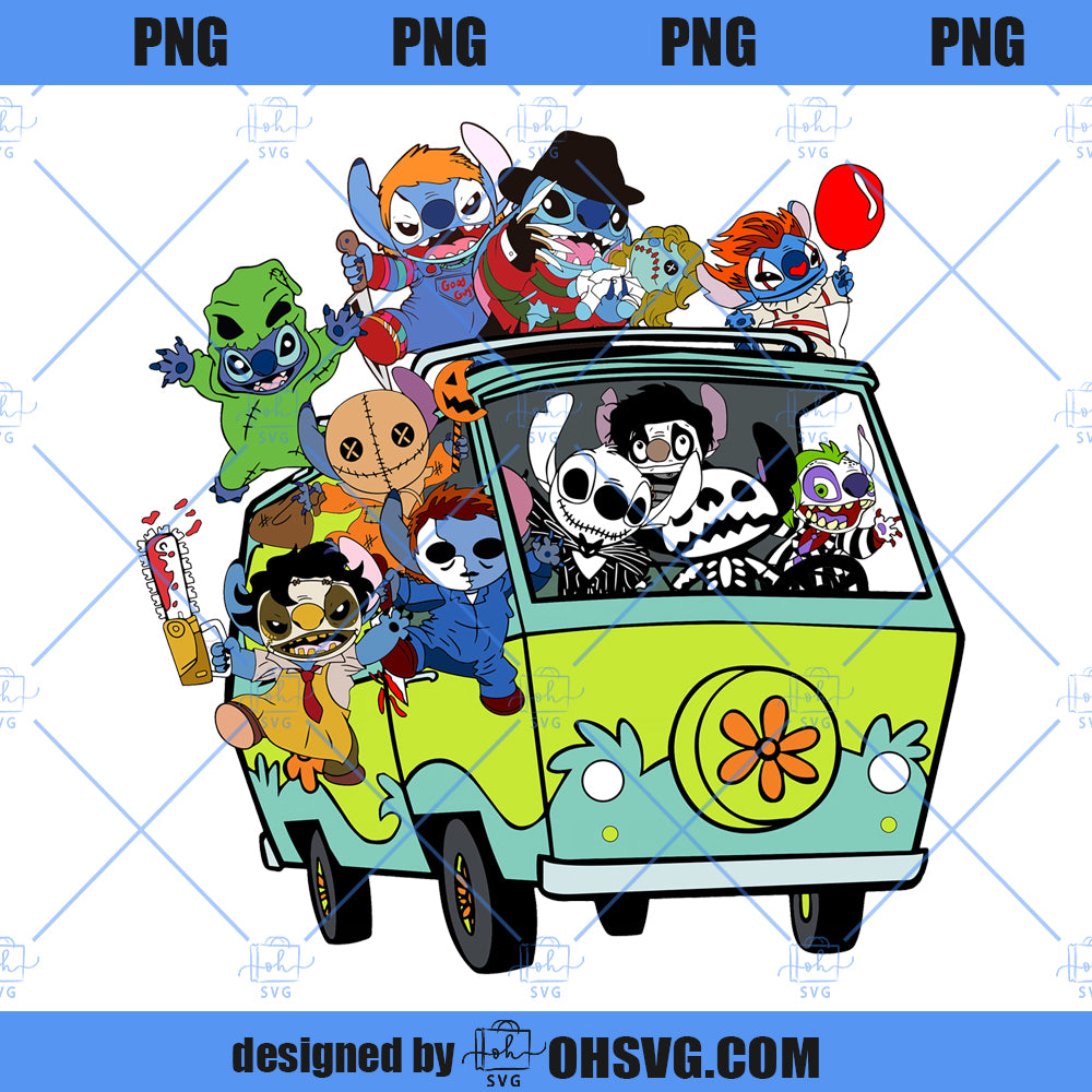 Halloween Stitch Horror Movie Characters PNG, Halloween Stitch Scooby Doo Truck PNG