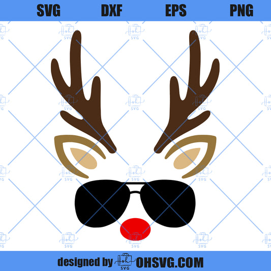 Reindeer & Sunglasses SVG, Christmas Reindeer Face SVG, Antlers Boy SVG
