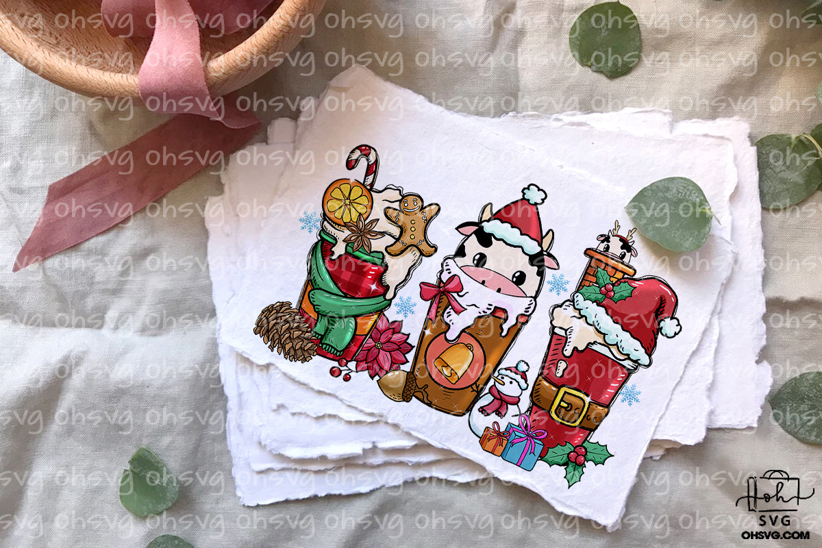 Cow Christmas Coffee PNG, Cow Coffee PNG, Cow Christmas PNG, Cow Drink Cups PNG