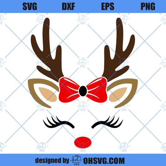 Reindeer With Bow SVG, Christmas Reindeer Face SVG, Antlers Girl SVG