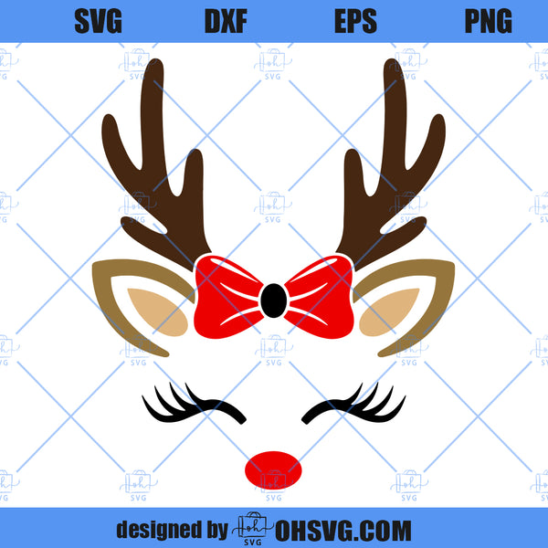 Reindeer With Bow SVG, Christmas Reindeer Face SVG, Antlers Girl SVG ...