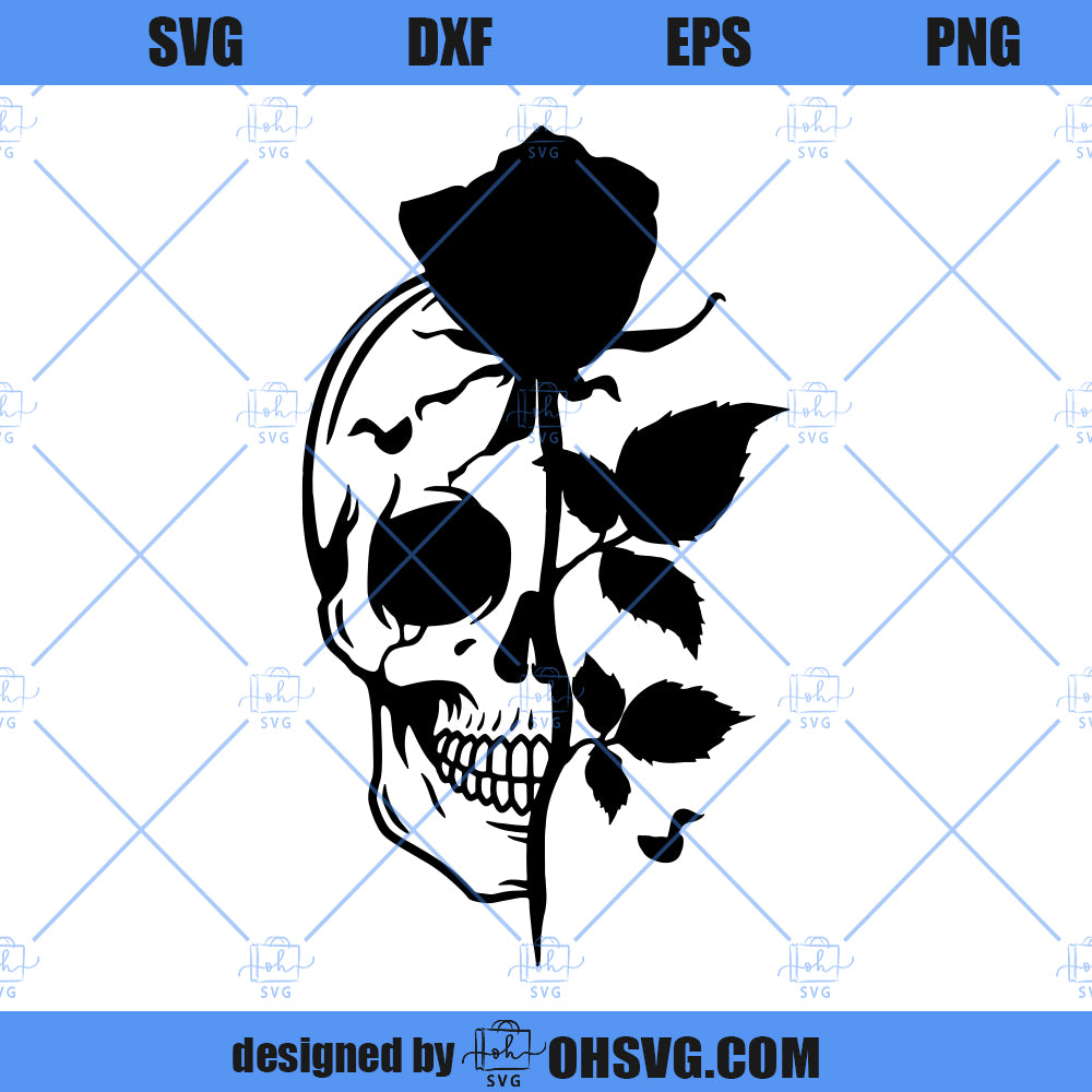 Rose Skull SVG, Skull With Flower SVG, Half Skull Floral SVG, Skeleton Flower SVG